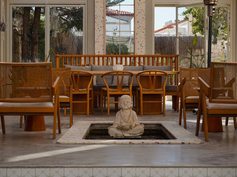 Serene meditation space with bamboo and soft lighting.